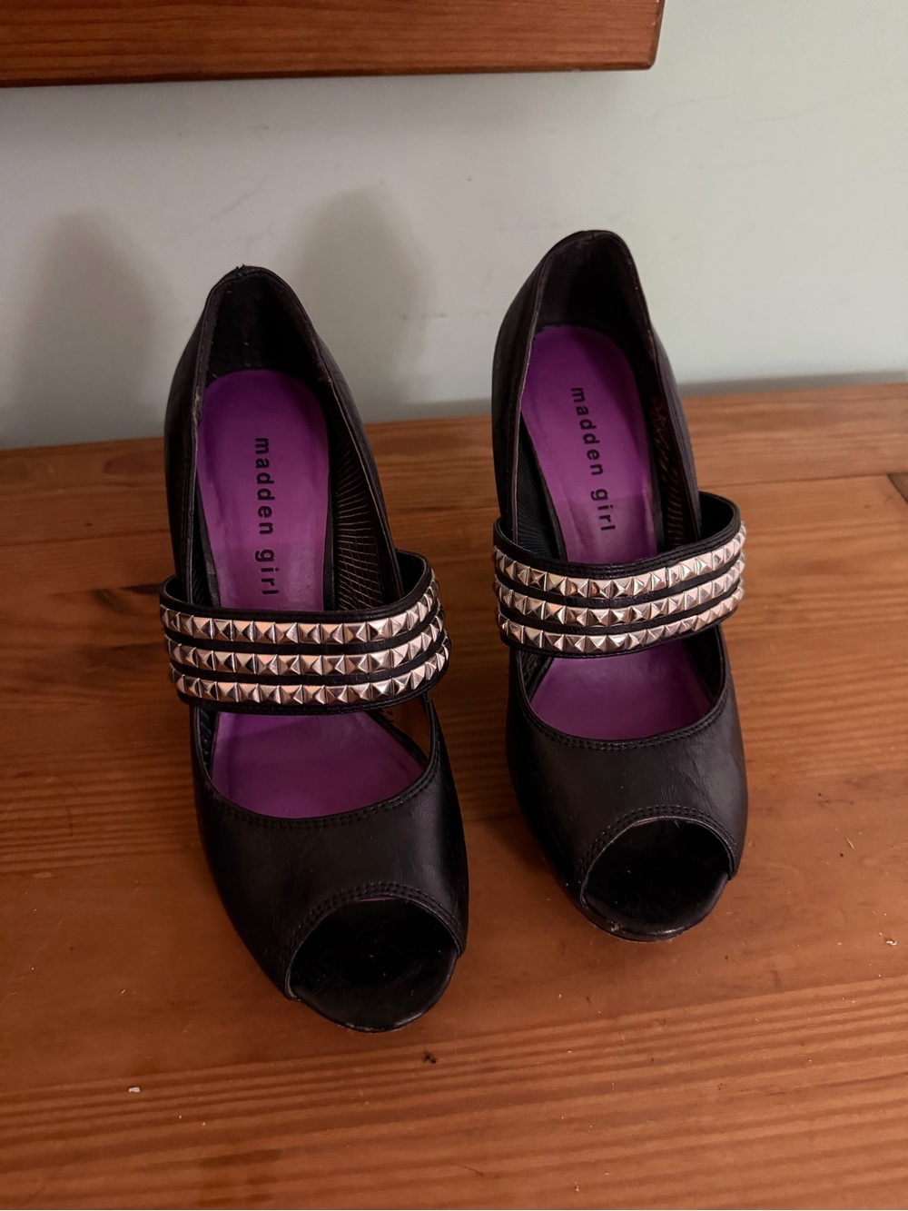 Madden Girl Black Peep-Toe Pumps with silver colored Studded thick strap